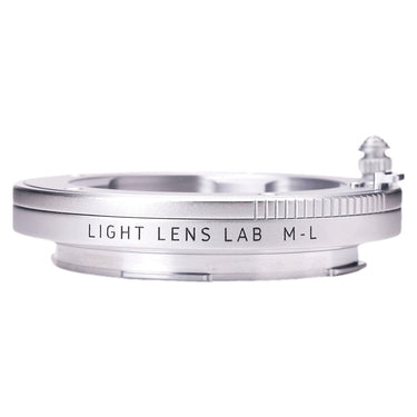 Light Lens Lab M-L close focus adapter, angled side view showing engraved brand name and focus knob