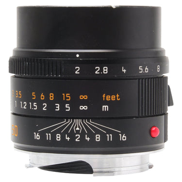 Leica 50mm f2 APO-Summicron-M side view showing aperture and distance scales and red alignment dot
